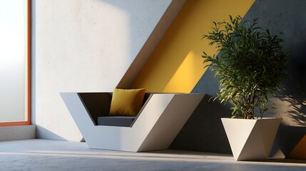 Fototapeta premium A futuristic geometric design featuring bold contrasts and natural textures creates a tranquil and inviting atmosphere