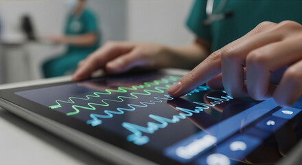 Fototapeta premium Medical professional using a digital tablet in a hospital setting representing modern healthcare and patient monitoring