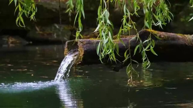 A view of clear water flowing gently from an old, moss-covered tree trunk. Surrounded by the lush green foliage of willow trees draping gracefully, the video evokes a serene, peaceful, 