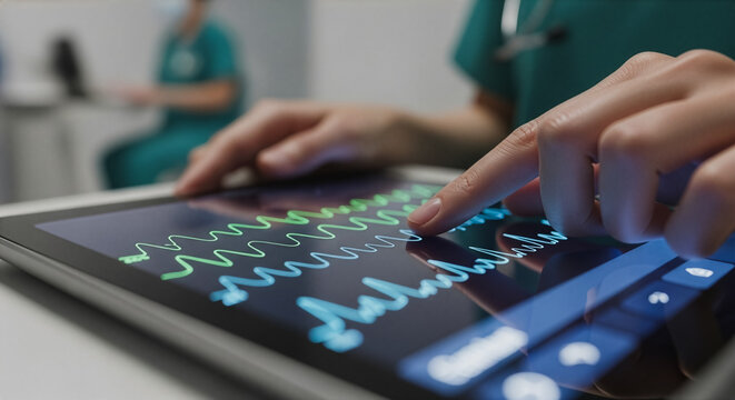 Medical professional using a digital tablet in a hospital setting representing modern healthcare and patient monitoring