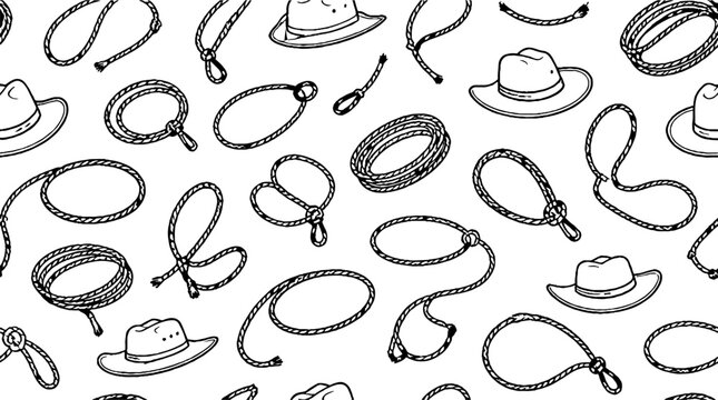 Western cowboy hats and lassos in black and white illustration.