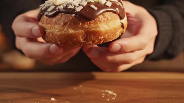 A person touches a chocolate glazed donut with white curls