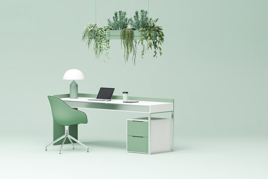 home office desk scene on pastel background, including laptop, books, green eco and decor a clean minimalist style.