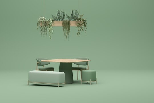Minimal Coffee shop restaurant design green, purple, pastel background . Wall back counter pastel decor. 3d render