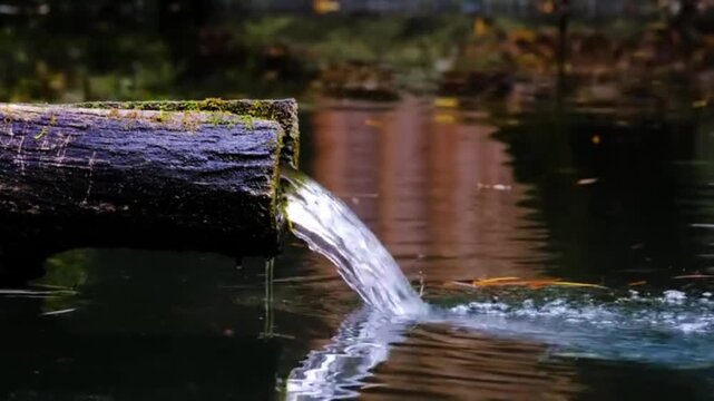A soothing natural scene focusing on clear water flowing smoothly from a natural wooden channel or an old, moss-covered tree trunk.