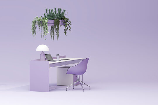 home office desk scene on pastel background, including laptop, books, green eco and decor a clean minimalist style.