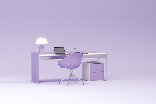 home office desk scene on pastel background, including laptop, books, green eco and decor a clean minimalist style.