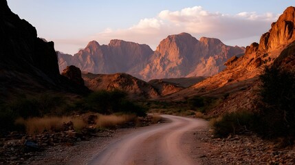 Obraz premium A winding desert trek framed by towering mountain peaks bathed in a warm golden glow