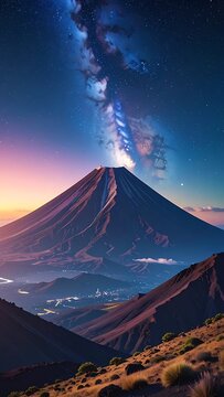 Erupting volcano at sunset landscape scene.