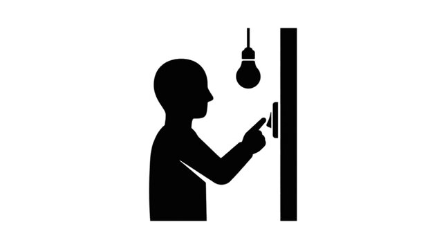 Person Turning On Wall Light Switch Silhouette Minimalist Black and White Illustration