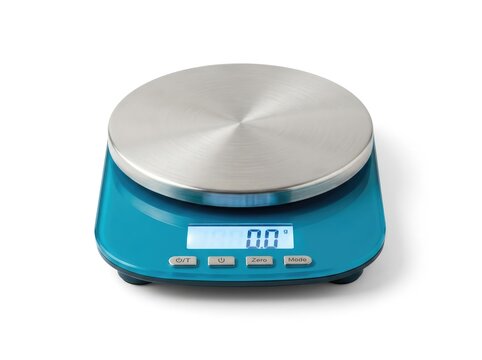 A digital kitchen scale with a blue base and a silver platform displays zero on its screen. The scale is designed for precise measurements in cooking and baking.