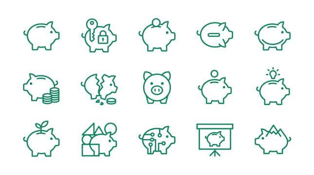 Outline piggy bank finance icons.