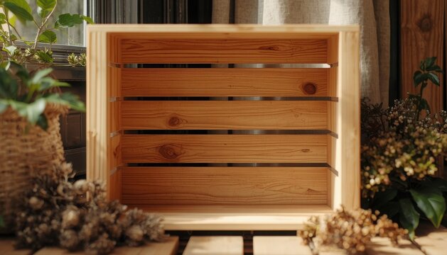 Rustic empty wooden crate decorative display box with still life container farmhouse interior organizer homeware handmade background material presentation marketing arrangement decoration