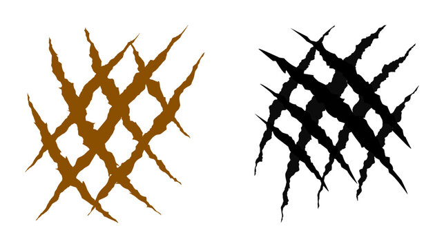 Dual claw scratch marks in brown and black colors forming a cross hatch pattern for wild animal or beast predator attack concept with predator