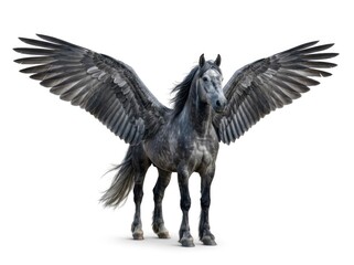 Fototapeta premium A magnificent grey Pegasus with spread wings stands proudly, its muscular body and flowing mane exuding power and mythical grace