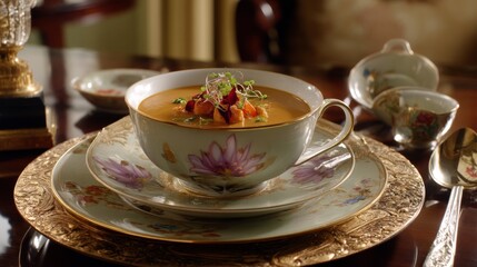 Fototapeta premium Exquisite Soup Served in Elegant Fine China Bowl with Lavish Decorations and Fresh Garnish on Luxurious Table Setting in Warm Indoor Atmosphere