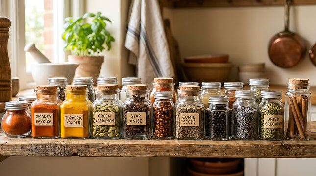 A rustic kitchen shelf showcases a vibrant assortment of spices in vintage glass jars, each labeled with culinary ingredients