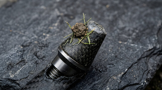 Carbon fiber fishing rod tip with dirt and grass on a dark stone surface