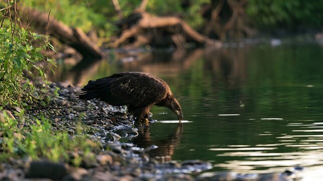 An elusive untamed eagle drinks peacefully from a clear stream during the early morning light