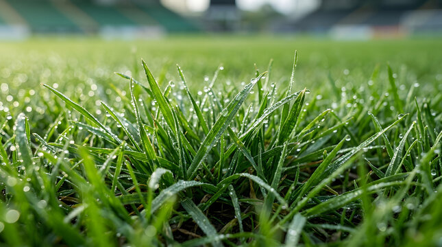 Morning Dew Drops on Lush Green Sport Pitch