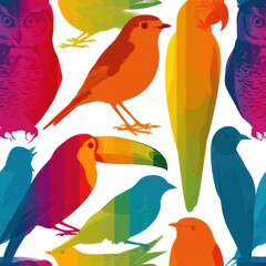 Fototapeta premium This pattern showcases various bird silhouettes such as owls, robins, parrots, toucans, and swallows in bright colors on a white background.