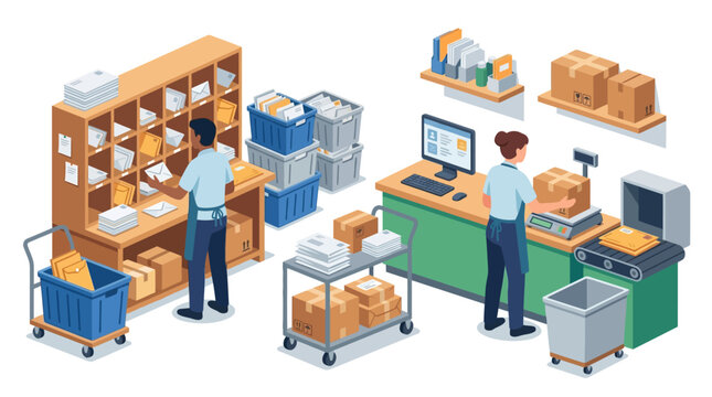 Postal worker sorting letters in a mail distribution warehouse facility
