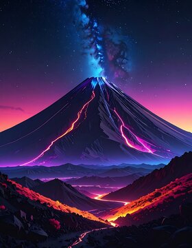 Erupting volcano with lava flows landscape.