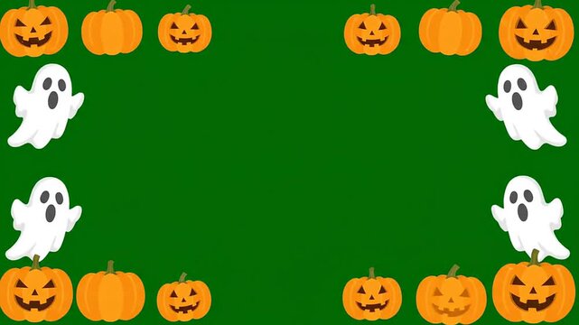Border frame green screen tema halloween design with scary jack o lantern pumpkin and ghosts background for festive overlay composition on digital video content production