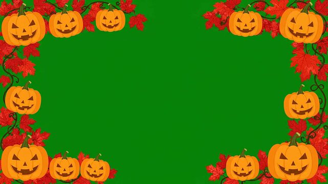 Border frame green screen tema halloween design with pumpkins and autumn leaves for video overlay and holiday content production creating a festive spooky background asset