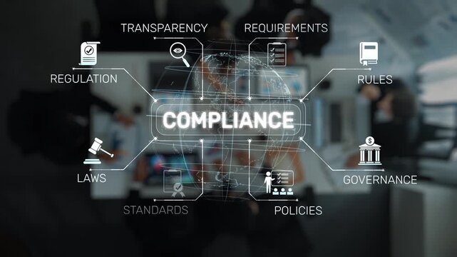 This image showcases the concept of compliance in a business setting, highlighting key elements such as regulations, governance, and standards necessary for effective management. Raster