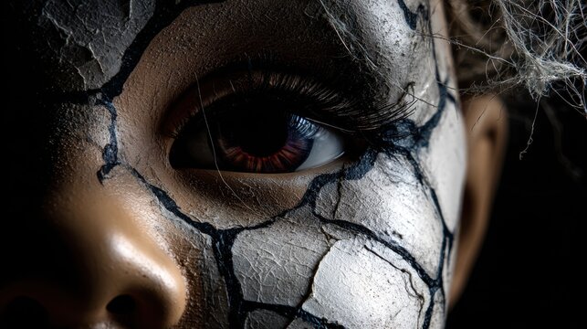 Close-up of a porcelain doll's cracked face with one real human eye staring forward