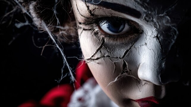 Close-up of a porcelain doll's cracked face with one real human eye staring forward