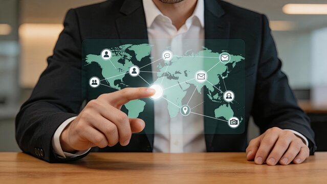 Businessman touching virtual world map screen with connected icons representing global communication network, social media links email location camera symbols