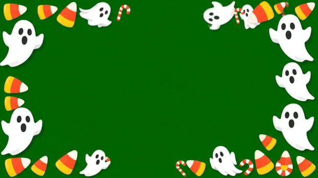 Border frame green screen tema halloween with spooky ghosts and candy corn elements for festive holiday video overlay design and digital content background production
