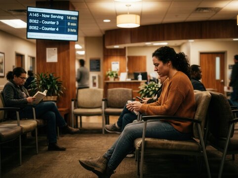 Waiting Room Patients Patiently Passing Time Inside A Medical Facility