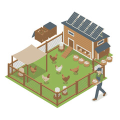 Isometric illustration of a sustainable chicken coop with solar panels and a farmer collecting eggs. © ning