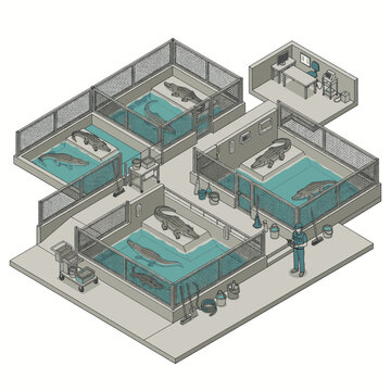 Isometric view of a crocodile farm with multiple enclosures and a worker feeding a crocodile.