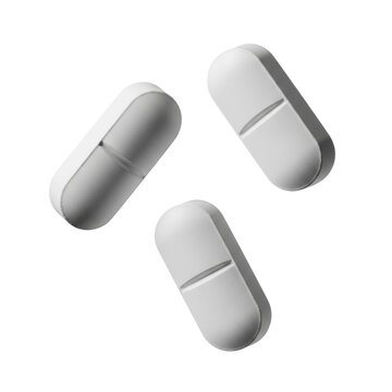 Three matte white oblong caplets with score lines floating in mid-air against a bright white studio background top view clinical purity concept