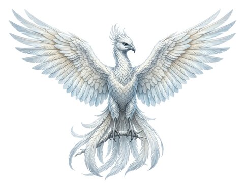 A majestic white phoenix with spread wings, embodying rebirth and immortality