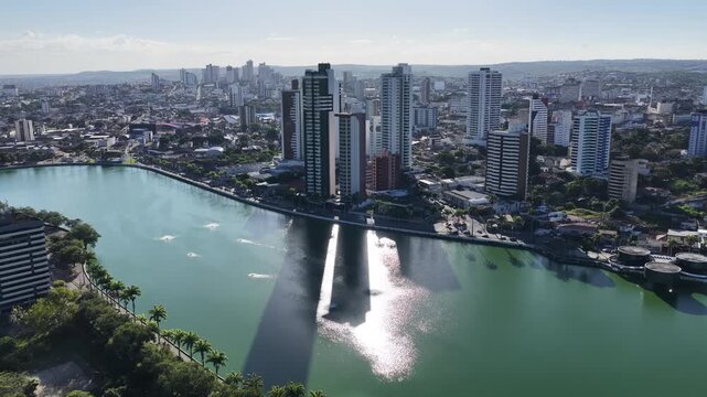 Lakefront Park In Campina Grande Paraiba Brazil. Aerial View Of A Bustling City With High-Rise Buildings And Traffic. Sunset Sky Background Downtown Cityscape. Sunset Outdoors Downtown.