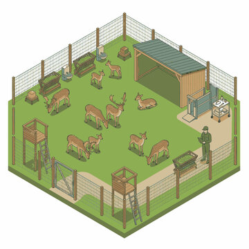 Isometric view of a deer enclosure with multiple deer, feeding stations, and a gamekeeper observing.