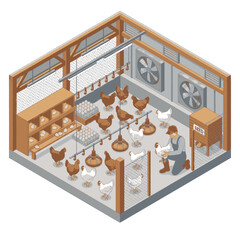 Isometric view of a modern chicken coop with a farmer tending to the hens and collecting eggs. © ning