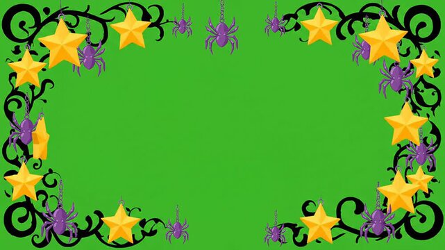 Halloween border frame with green screen background features decorative black swirls purple spiders and golden stars for festive holiday content creation video production