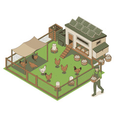 Farmer collecting fresh eggs from a sustainable chicken coop with solar panels and a composting system. © ning