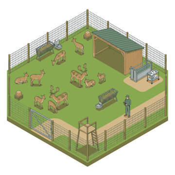 Isometric view of a deer enclosure with a zookeeper and various deer species, including fawns, in a fenced habitat with feeding stations and a shelter.