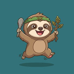 Obraz premium Cute Cartoon Caveman Sloth Running with Stone Club Vector Illustration