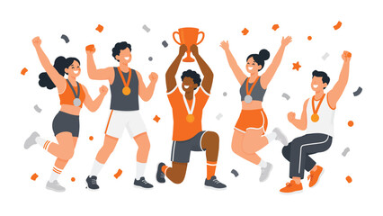 Diverse sports team celebrating victory with trophy and confetti. © Kyle