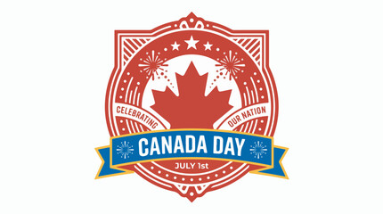 Fototapeta premium A festive red and white Canada Day emblem featuring a maple leaf, stars, fireworks, and a banner with 'Canada Day July 1st' text, celebrating the nation.