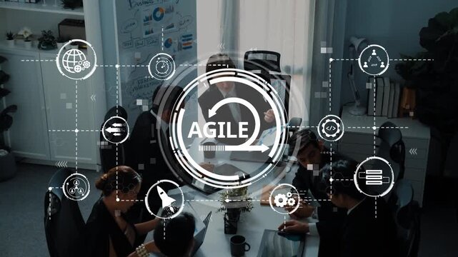 A team engages in agile project management within a modern office, utilizing digital display technology to enhance collaboration, brainstorming, and strategic planning. Raster