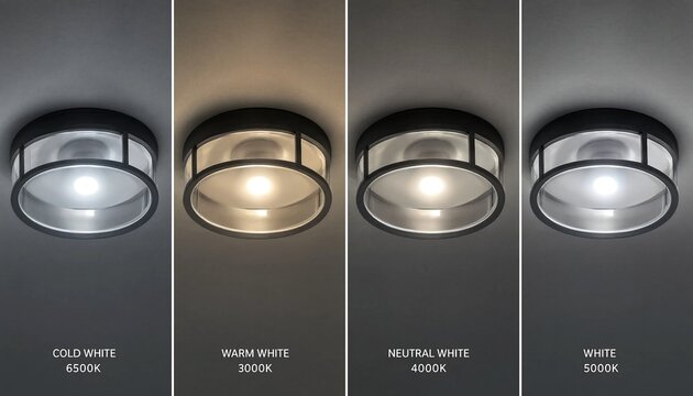Modern ceiling light with different color temperatures on, cold white, warm white, neutral white, white light bulbs